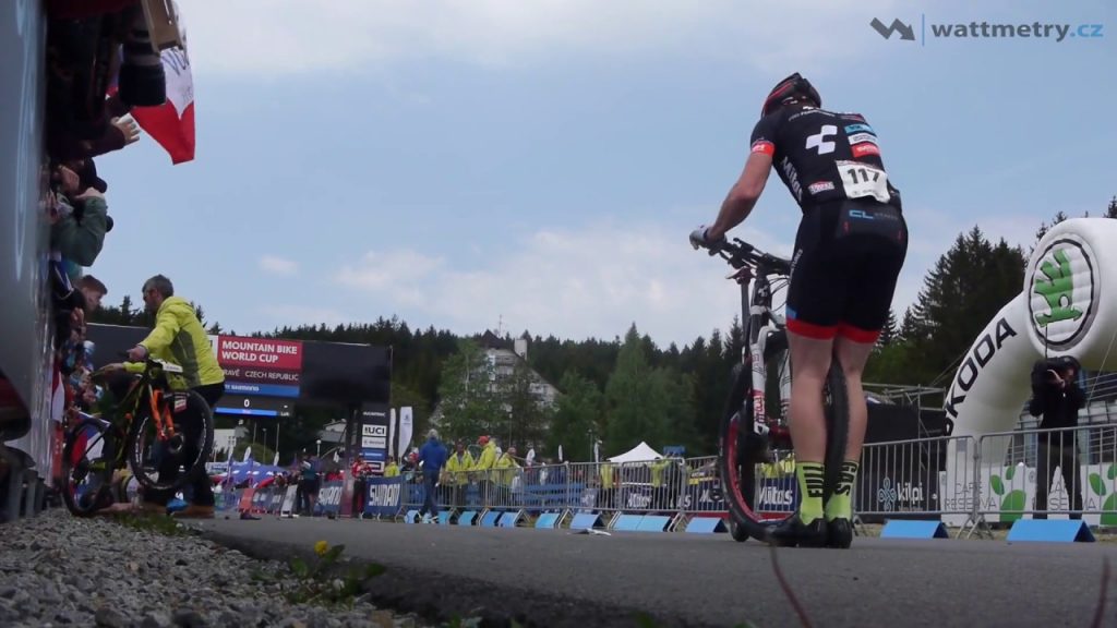 Big crash after the start in the bike race. 2017 UCI Mountain Bike World Cup Nove Mesto Men's Elite