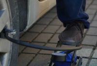 Folding car air pump, foot-inflatable tube tire pump. Free HD video footage